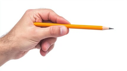 Hand Holding a Yellow Pencil Against a White Background