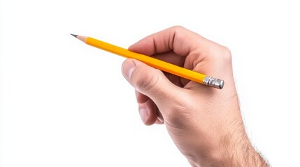 Hand Holding a Yellow Pencil on a White Background