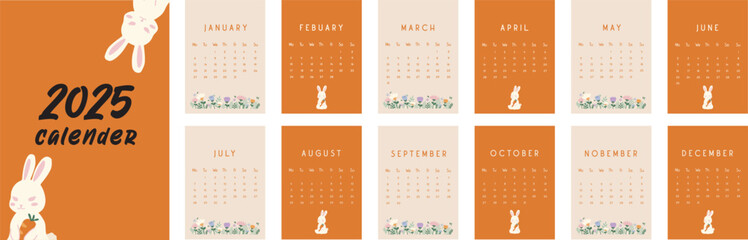 2025 Calendar design template. Monthly calendar in bright colors, cute hand drawn style. Starts on Monday. For prints, office, organizer, gift, poster, background. Editable elements