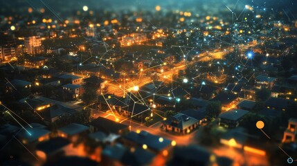 City Lights, Connected World: An aerial view of a bustling city at night, illuminated by warm streetlights and glowing with digital connections.