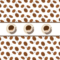 Coffee background. Background with coffee beans pattern and three cups of coffee. Isolated coffee beans on a white background. Illustration good for packaging or invitation