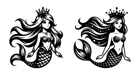 Obraz premium A set of vector silhouettes featuring beautiful mermaid princesses wearing crowns.