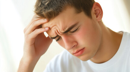 Fototapeta premium Stressed Man Holding Head with Worried Expression at Home.
