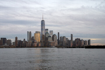 Obraz premium NYC, NY. New York City Skyline with Urban Skyscrapers USA. Lower Manhattan and One World Trade Center in New York City, USA as seen from Weehawken New Jersey Panoramic view on Manhattan.