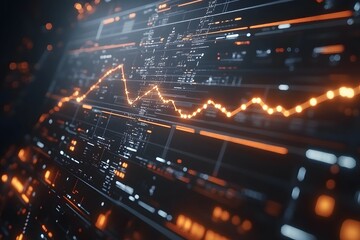 Abstract digital visualization of data trends with glowing orange lines on a dark background.