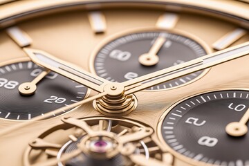 Close-up of an elegant gold watch dial showcasing intricate details and sophisticated craftsmanship.