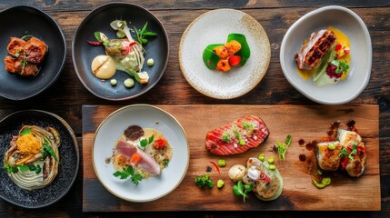 Culinary Delights: A delectable spread of gourmet dishes artfully arranged on rustic wooden boards.  Each plate showcases exquisite plating and tantalizing textures.