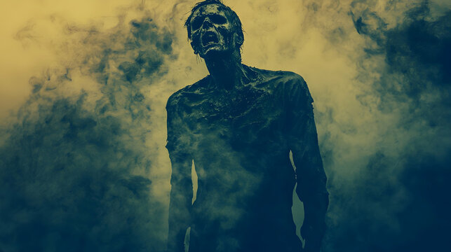 Scary Zombie Scene: A chilling depiction of a zombie in a hellish setting, perfect for horror-themed content.  -