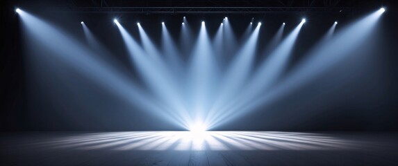 Stage Spotlight: Bright beams illuminate an empty stage, perfect for showcasing your product or performance. Dramatic lighting sets the mood for an unforgettable event.