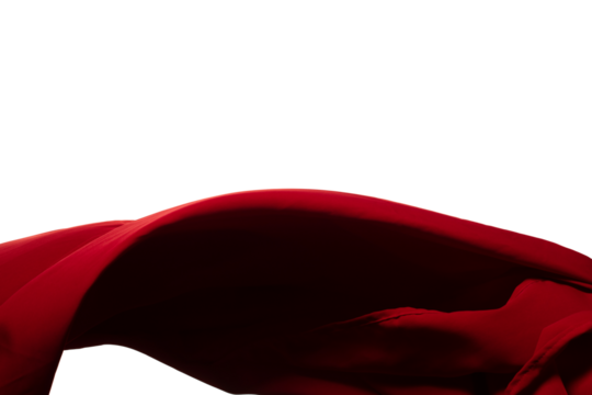 Red curtain fabric flying in curve shape, Piece of textile red curtain fabric throw fall in air. White background isolated, dark shading environment