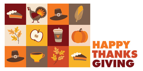 Thanksgiving greeting card invitation. Autumn holiday icons. Geometric seamless pattern. Turkey, pumpkin pie, corn and colorful leaves. Cup of latte coffee. Vector illustration background Modern print