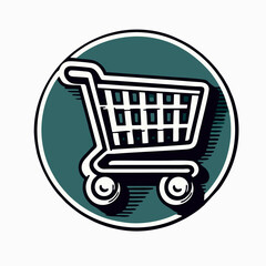 shopping cart icon inside an empty, solid moss green circle in simple contour line drawing style