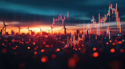 A digital graph overlay against a sunset landscape with wind turbines, symbolizing energy trends.