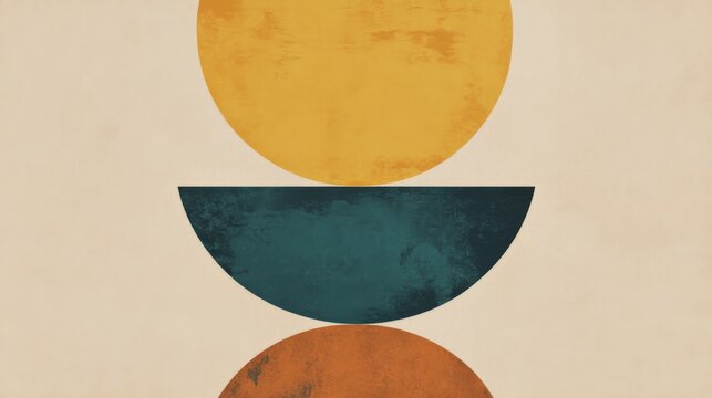 Artistic design featuring simple shapes and colors in a boho style, set against a beige background. The color palette includes teal green, mustard yellow, and terracotta orange