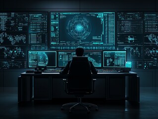 Fototapeta premium A cybersecurity expert monitoring multiple screens in a dark control room filled with blue digital interfaces and data visualizations.