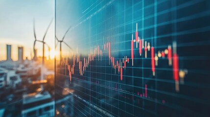 A financial chart overlaying a cityscape with wind turbines at sunset.