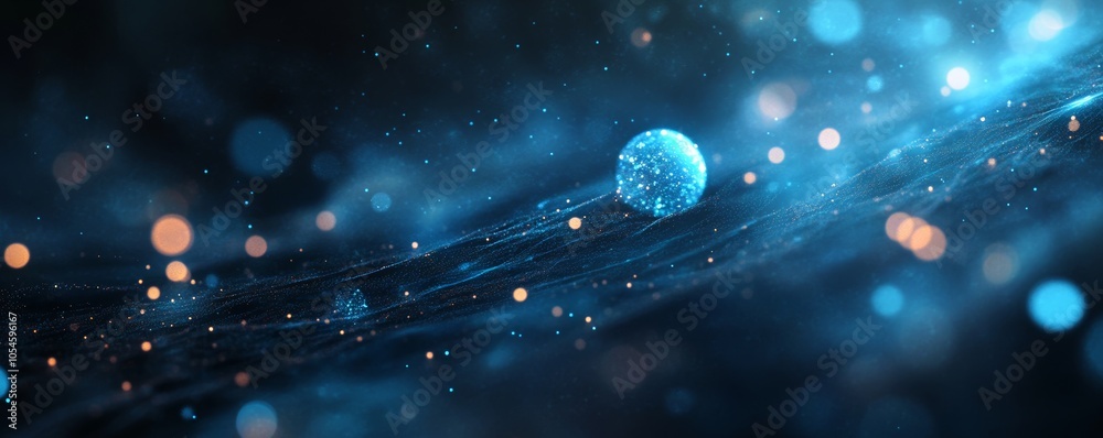 Poster abstract blue particle wave with glowing bokeh, cosmic energy concept