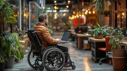 A wheelchair user navigating a modern workspace with plants and warm lighting during the day