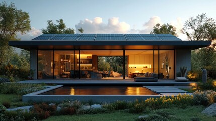 Obraz premium Modern Home with Solar Panels and Pool