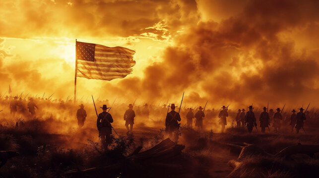 Regiment advancing through rough terrain at golden hour, tattered American flag billowing, rifles and bayonets visible, intense wartime scene with dramatic lighting