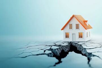 Decorative symbolic house on a cracked foundation. Background or backdrop with selective focus and copy space