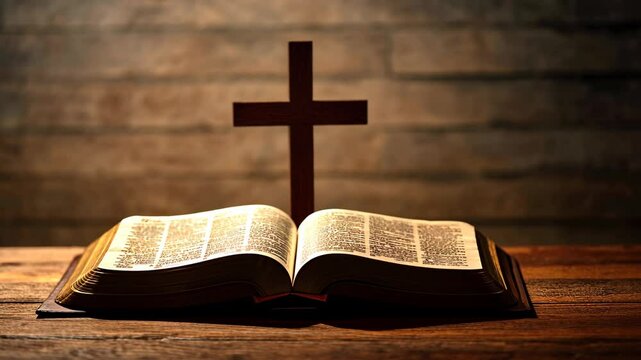 A wooden cross stands above an open bible on a wooden table