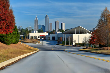 Urban landscape featuring modern buildings and a clear road leading into a city skyline.