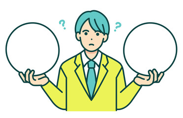 ブレザーを着た男子高校生が考え込む。選択に迷う男の子のベクターイラスト素材。