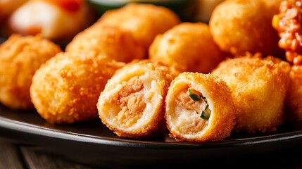 Close-up of golden-brown fried breaded rolls with a savory filling.