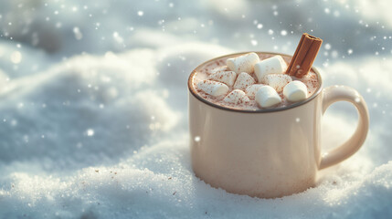 Mug of hot chocolate with marshmallows and a cinnamon stick against a snowy background