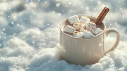 Mug of hot chocolate with marshmallows and a cinnamon stick against a snowy background
