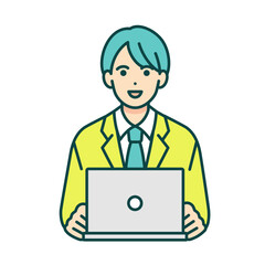 Fototapeta premium 部屋でPCを使い学習をする高校生。インターネットを使い学ぶ男の子のイラスト。