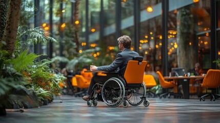 A wheelchair user leads a project team in a green, modern workspace with ambient lighting