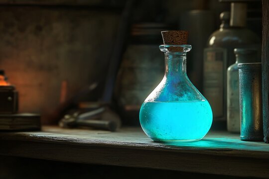 Blue Potion Bottle in Dark Alchemical Lab Setting