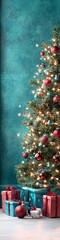 A Christmas backdrop with a tree and presents or gifts and a blue green wall. 
