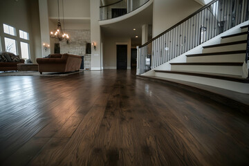 A spacious, modern interior featuring elegant flooring and a curved staircase.