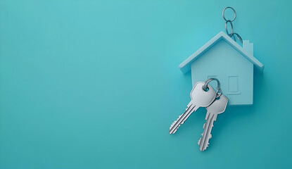 A blue house-shaped keychain with silver keys on a turquoise background.