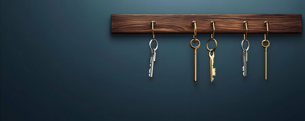 A wooden key holder displaying five keys against a dark background.