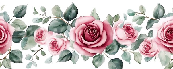 Naklejka premium Seamless watercolor pattern with pink roses and eucalyptus, retro summer bouquet, elegant and romantic, isolated on white background