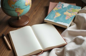 pen notebook with blank pages next to globe and map-themed book on wooden surface with fabric draped around. Flat lay composition for travel and adventure concept.
