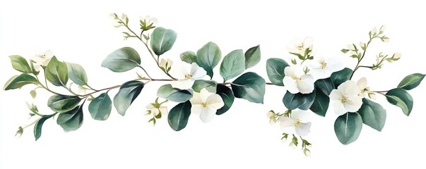 Botanical eucalyptus and jasmine floral arrangement, watercolor greenery branches and soft white flowers, clipart for wedding and stationery on white