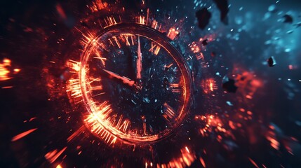 Time is Burning: Abstract clock engulfed in fiery flames, particles swirling around it, evokes a sense of urgency and the passage of time. A mesmerizing depiction of the relentless march of time. 