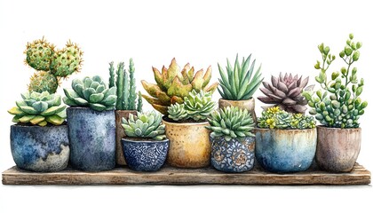 Delightful watercolor illustration of a variety of home plants in pots, featuring succulents and indoor palms, perfect for crafting and card making