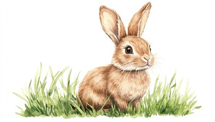 Handdrawn watercolor illustration of a funny Easter bunny rabbit sitting in lush green grass, perfect for springthemed decorations and greeting cards
