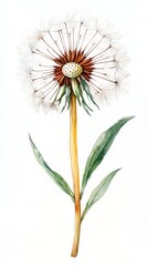 Watercolor painting of a dandelion with white seeds on a white background.