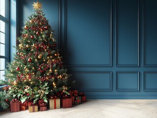 A Christmas backdrop with a tree and presents or gifts and a blue green wall.