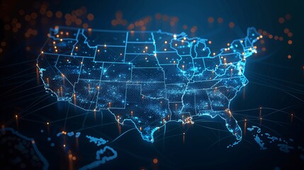 Digital US Map with Glowing Connections on Dark Blue Background