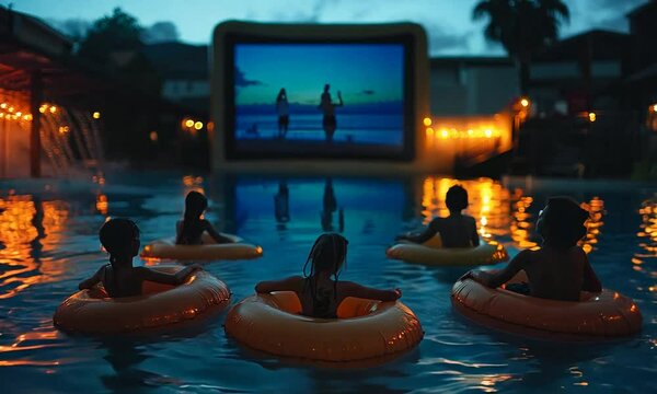 Kids enjoying a movie night in a pool with inflatable rings.