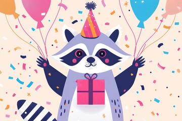 Festive raccoon celebration with balloons and confetti