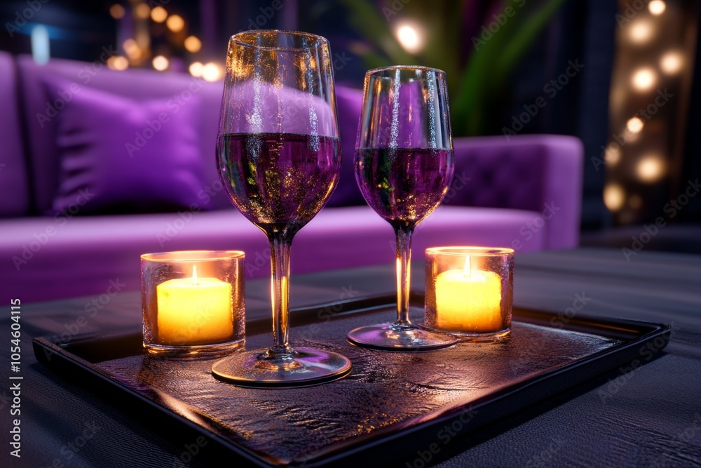Poster 3d rendering of a cozy lounge with rich textures, velvet couches, and people enjoying wine, creating